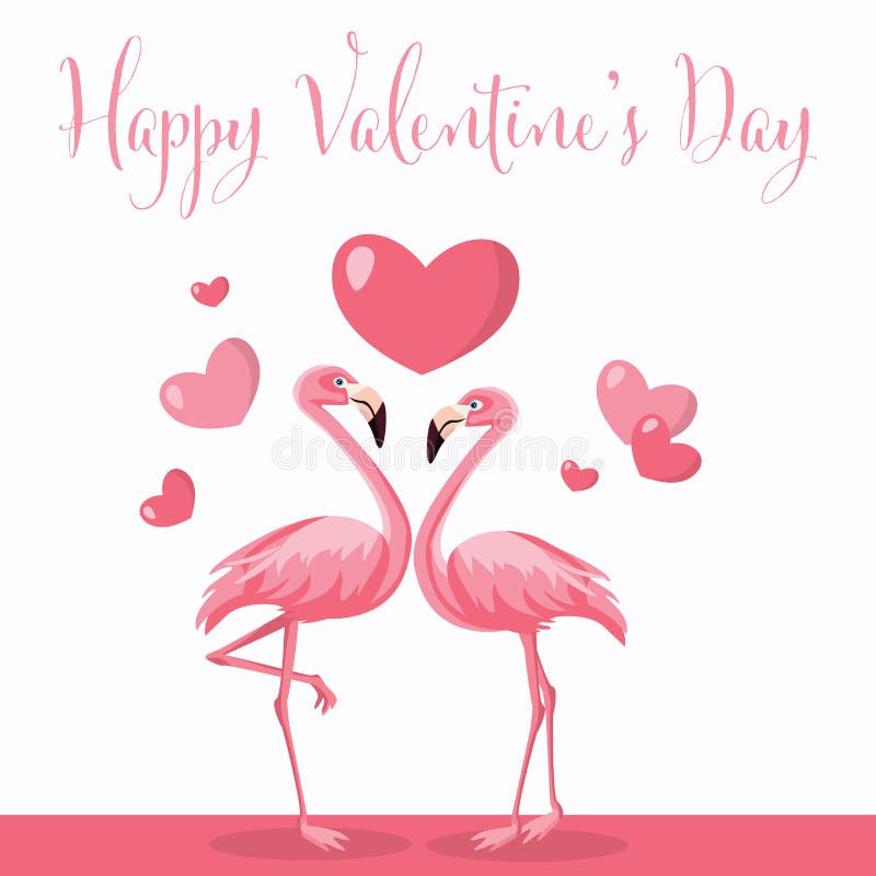 Valentines Tageshintergrund mit rosa Flamingos Pärchen , rosa Herzen und Happy Valentinstag Text auf weißem Hintergrund Vector-Illustration