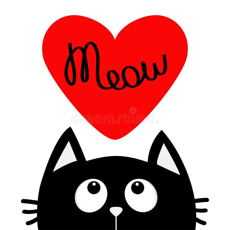 Valentines дня счастливые Черный кот смотря до большое красное сердце Текст Meow Милый персонаж из мультфильма Животное Kawaii По иллюстрация штока