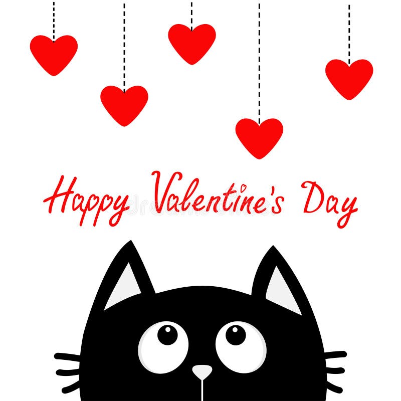 Valentines дня счастливые Черный кот смотря до висеть красные сердца Штриховой пунктир Персонаж из мультфильма сердца установленн бесплатная иллюстрация