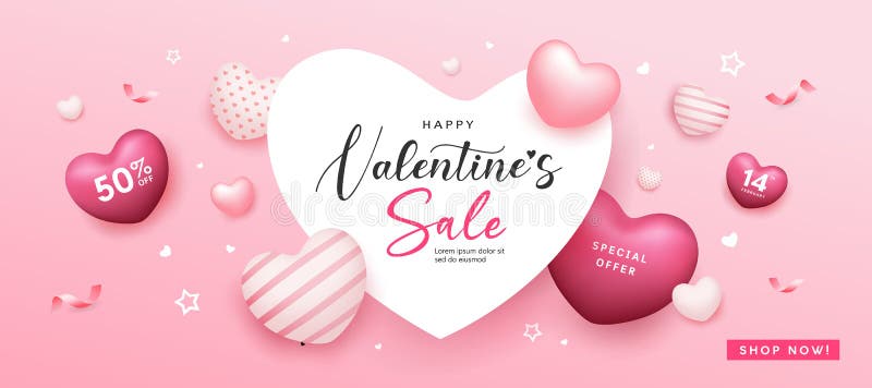 Valentinos felizes venda dia espaço cardíaco balão coração cor-de-rosa banners coloridos design em fundo cor-de-rosa