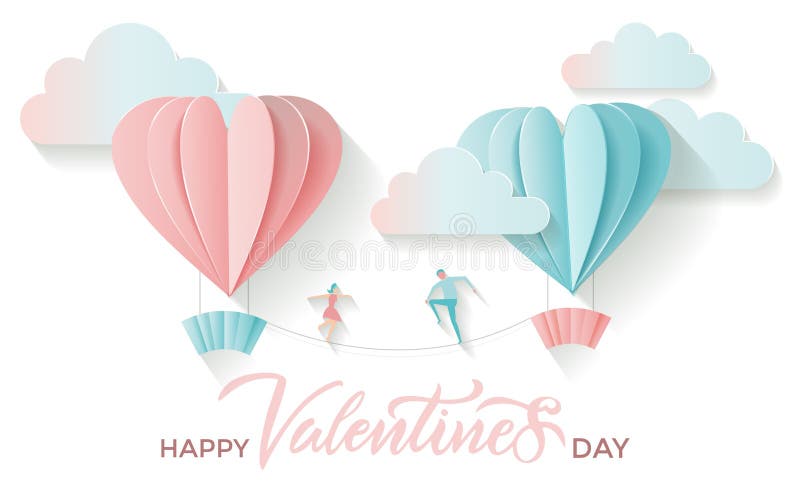 Valentins kortet f?r dagh?lsningen med att m?rka lycklig valentindag f?r text och pappers- klippta hj?rtaformballonger med pojken stock illustrationer Valentins kortet f?r dagh?lsningen med att m?rka lycklig valentindag f?r text och pappers- klippta hj?rtaformballonger med pojken stock illustrationer
