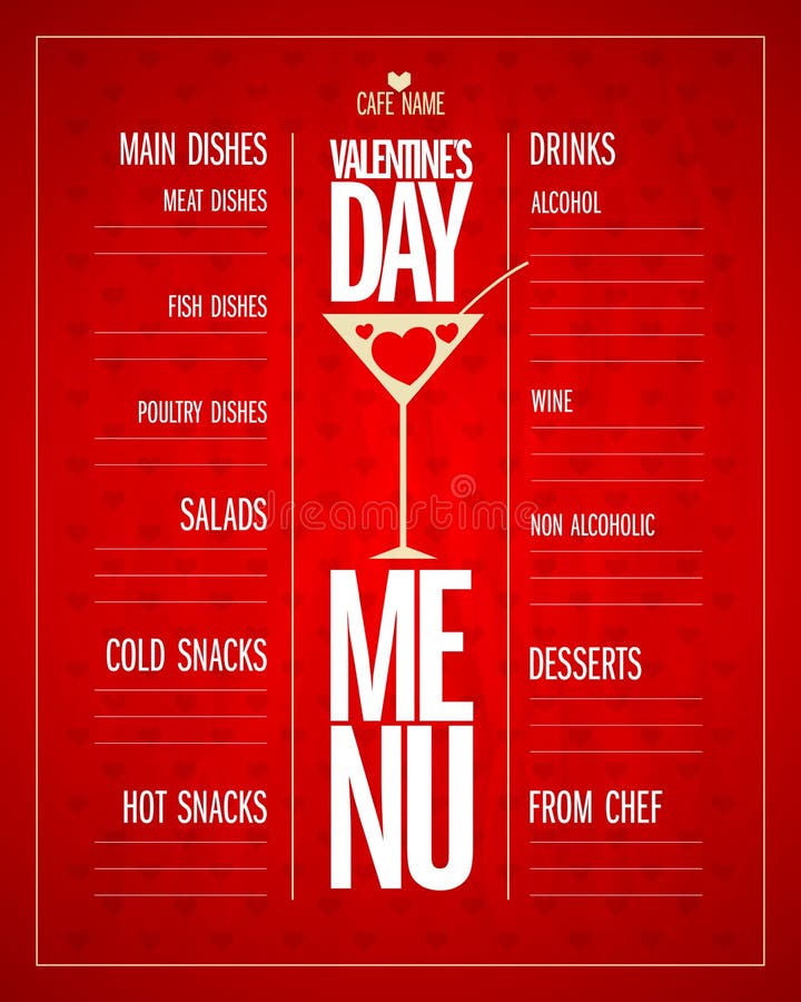 Valentines day menu list design, place for dishes and drinks. Valentines day menu list design, place for dishes and drinks.