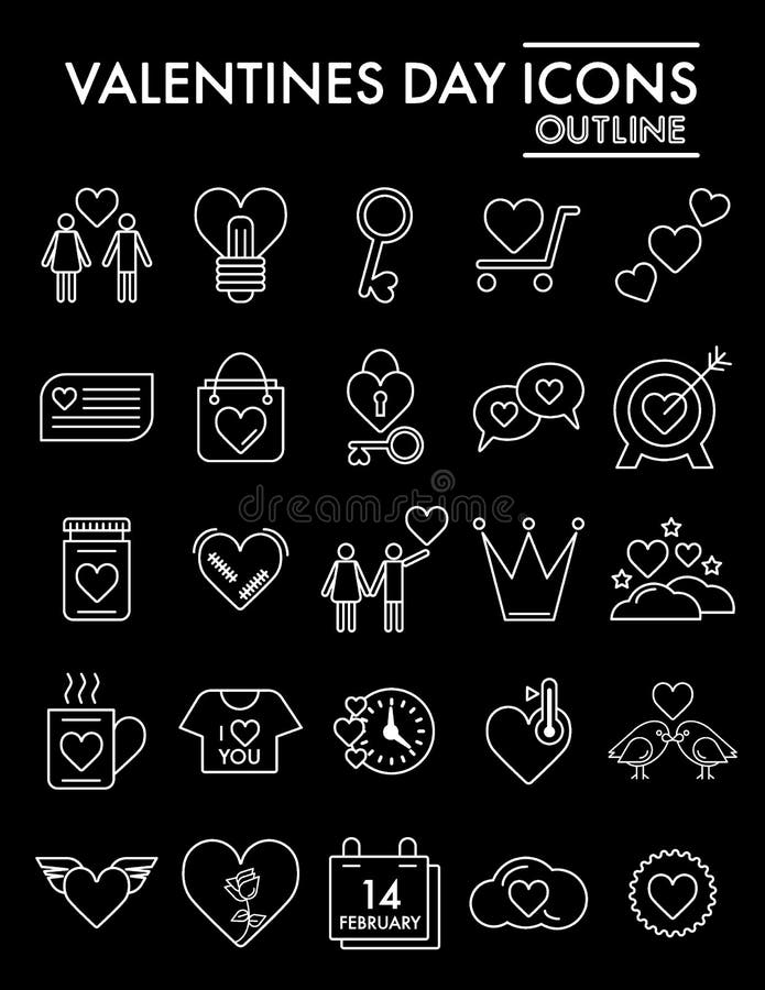 Valentinstaglinie Ikonensatz, Romanze Symbole Sammlung, Vektorskizzen, Logoillustrationen, Liebeszeichen linear stock abbildung Valentinstaglinie Ikonensatz, Romanze Symbole Sammlung, Vektorskizzen, Logoillustrationen, Liebeszeichen linear stock abbildung