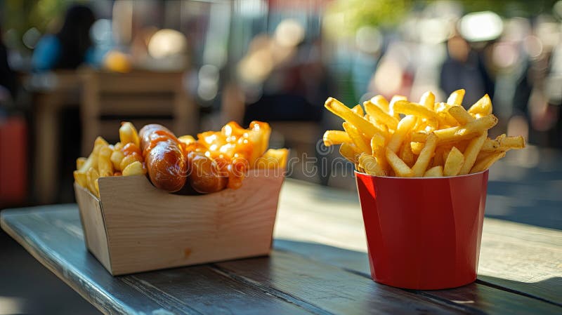 Valerivat och friare redo att äta gatubord. Räknare och frites redo att äta gatubord AI genererade