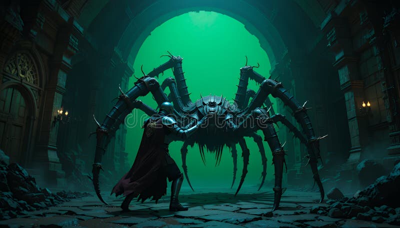 Valiant Knight Versus Giant Spider in Dark Stone Chamber: Pixel Art Fantasy Battle royalty free illustration