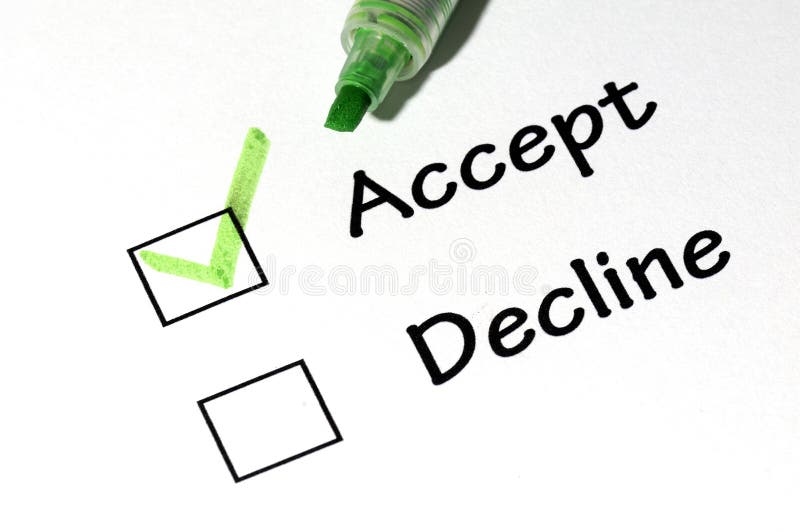 The close-up of a pen and white checklist with a checkboxes with words accept and decline. The close-up of a pen and white checklist with a checkboxes with words accept and decline