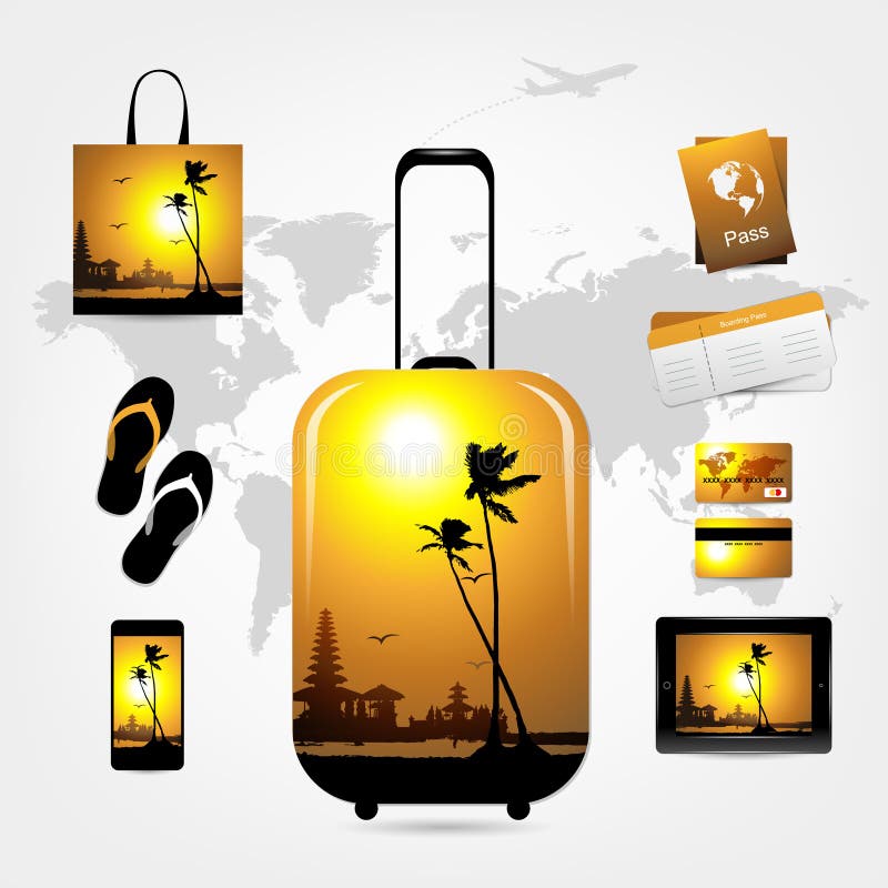 Valigia con le cose di viaggio, stile tropicale di viaggio royalty illustrazione gratis Valigia con le cose di viaggio, stile tropicale di viaggio royalty illustrazione gratis