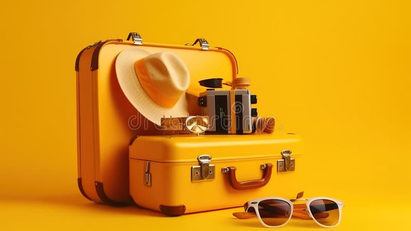 Valigia gialla con accessori per viaggiatori concetto di viaggio con tecnologia ai generativa illustrazione di stock