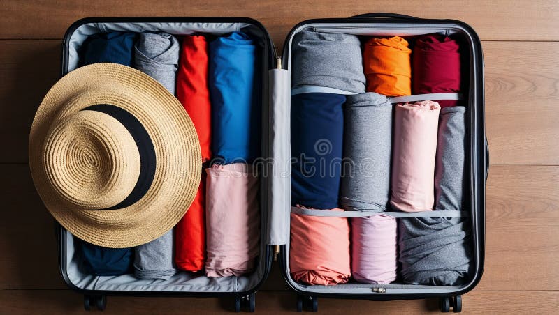 Valigia ordinata con colori diversi di abbigliamento e cappello da sole illustrazione vettoriale