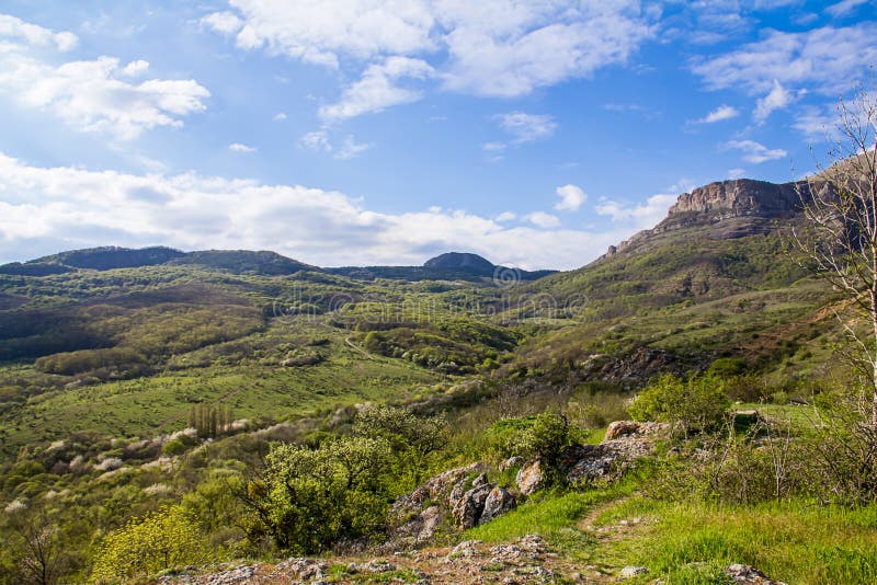 Valle verde colorido en un día soleado en el canto del horizonte, paseo en las montañas imagen de archivo Valle verde colorido en un día soleado en el canto del horizonte, paseo en las montañas imagen de archivo