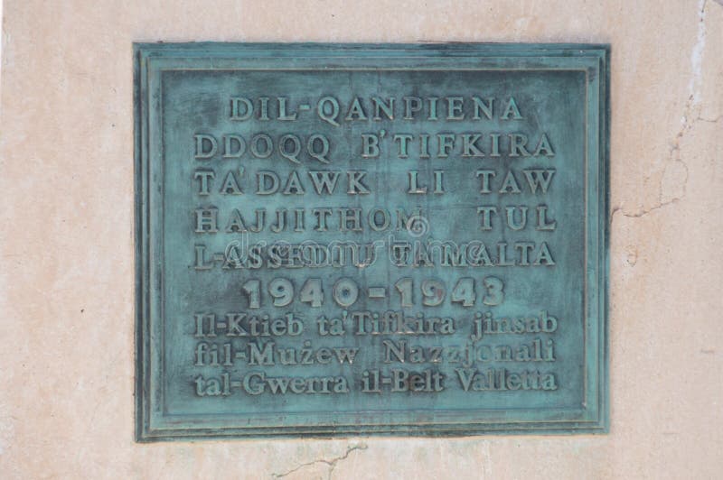 Valletta, Malta May 9, 2017 Plaque Inside Siege Bell War Memorial
