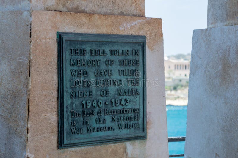Valletta, Malta May 9, 2017 Plaque Inside Siege Bell War Memorial