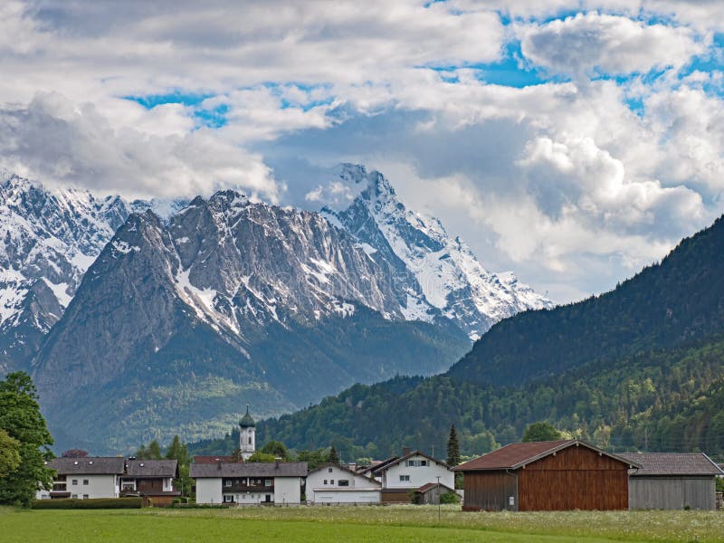 Valley Farchant and the Wetterstein Mountain Range in the Bavarian Alps, Germany Stock Photo