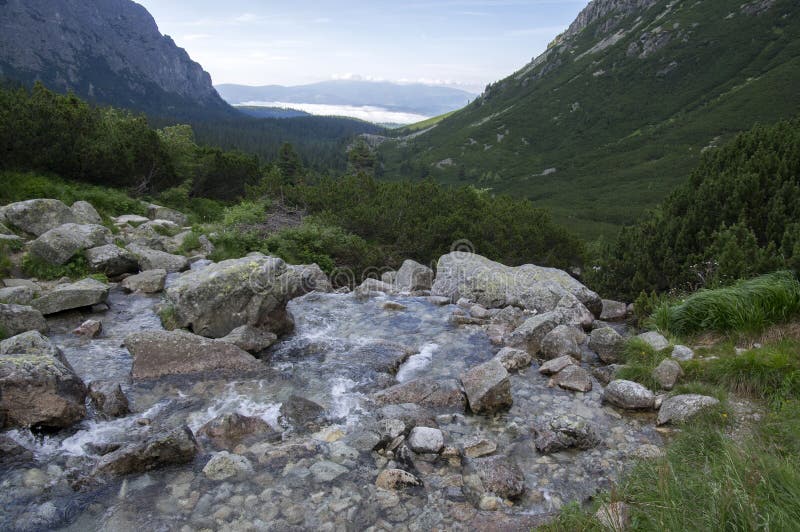 Mengusovska dolina, Hincov potok, amazing stony hiking trail to hight mount Rysy over mountain stream, High Tatra mountains