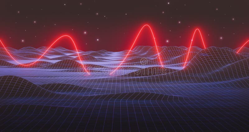Valley structure Sci-Fi Neon light glow network grid connection background. futuristic red line neon,wireframe wave landscape vector illustration