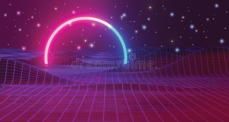 Valley structure Sci-Fi Neon light glow network grid connection, futuristic blue purple neon circle frame,wireframe wave landscape stock illustration