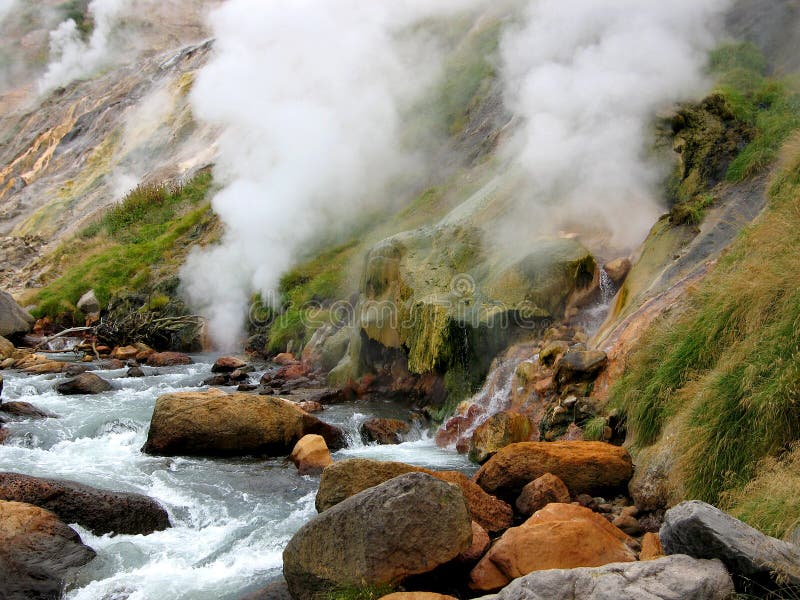 Valley of Geysers, hot river, natural gas, steam, geothermal sources, landscape, national park. Valley of Geysers, hot river, natural gas, steam, geothermal sources, landscape, national park