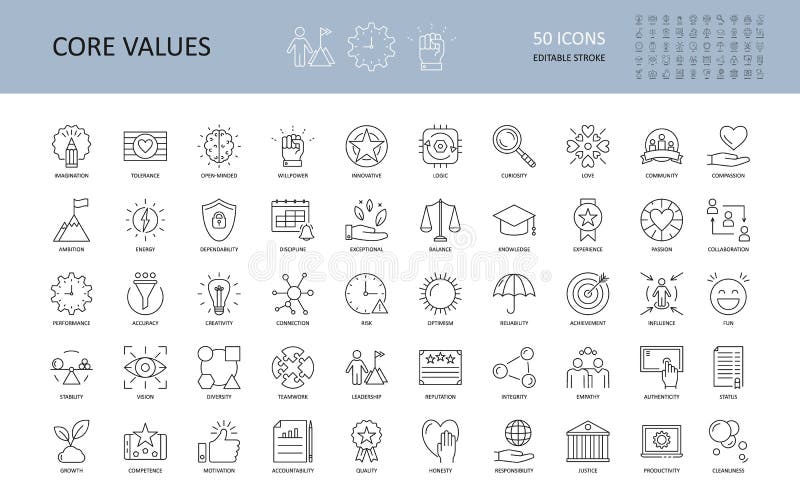 Valores de núcleo do ícone de vetor. definir 50 ícones com traçado editável. valores da empresa e da pessoa. a lógica da imaginaçã Valores de núcleo do ícone de vetor. definir 50 ícones com traçado editável. valores da empresa e da pessoa. a lógica da imaginaçã