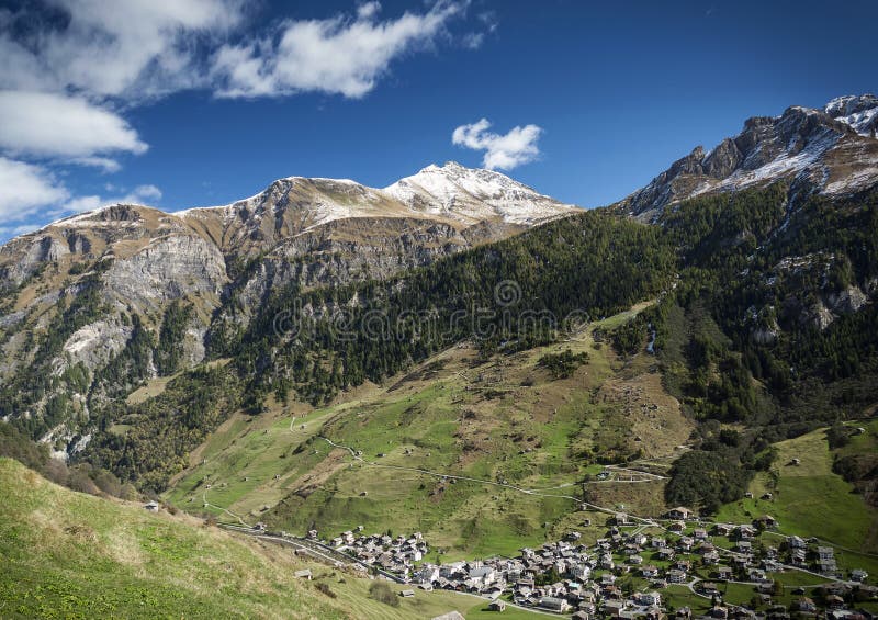 Vals Village Alpine Valley Landscape in Central Alps Switzerland Stock