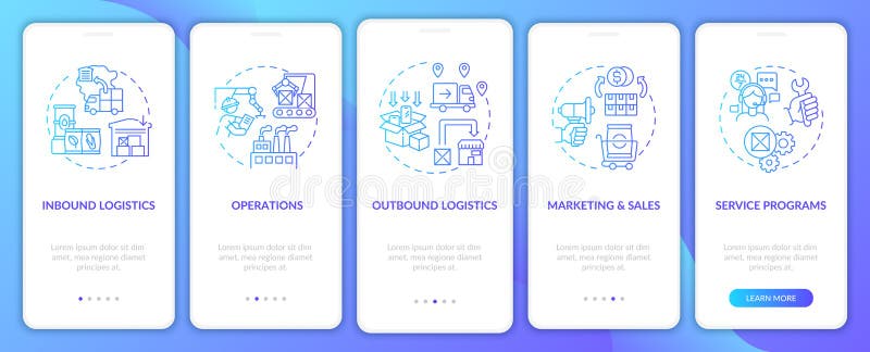 Value chain components dark blue onboarding mobile app page screen with concepts vector illustration