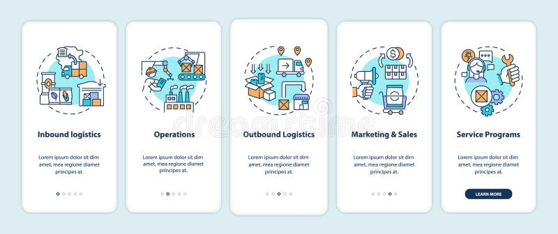Value chain components onboarding mobile app page screen with concepts stock illustration