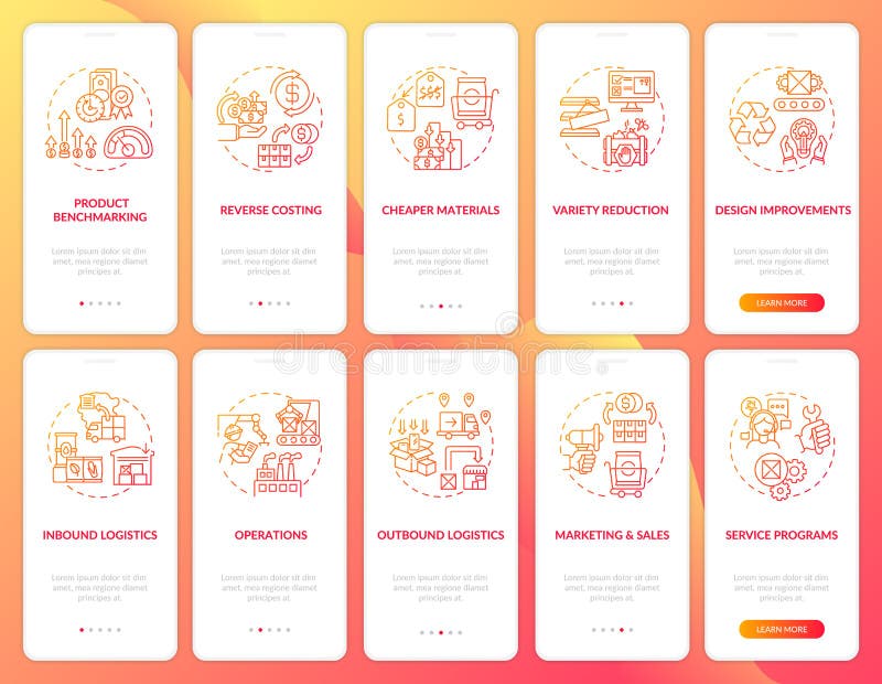 Value chain components red gradient onboarding mobile app page screen with concepts set royalty free illustration