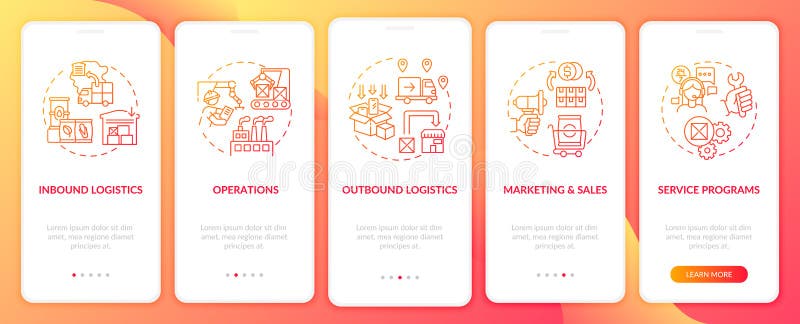 Value chain components red onboarding mobile app page screen with concepts stock illustration