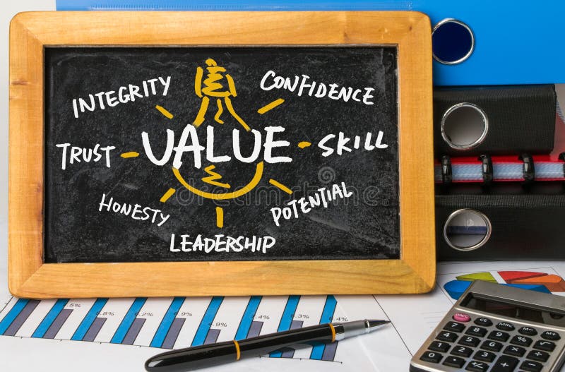 Value concept hand drawing on blackboard royalty free stock photos