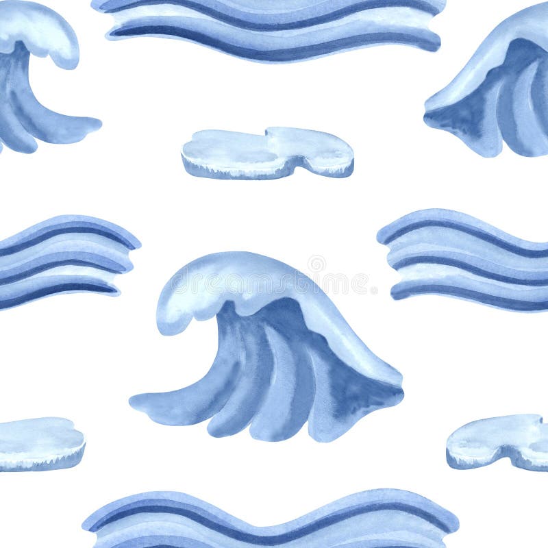 Valuri de mare albastră și flotoare de gheață model de acuarelă pentru modele arctice. Ilustrație realizată manual tsunami abstrac royalty free stock image