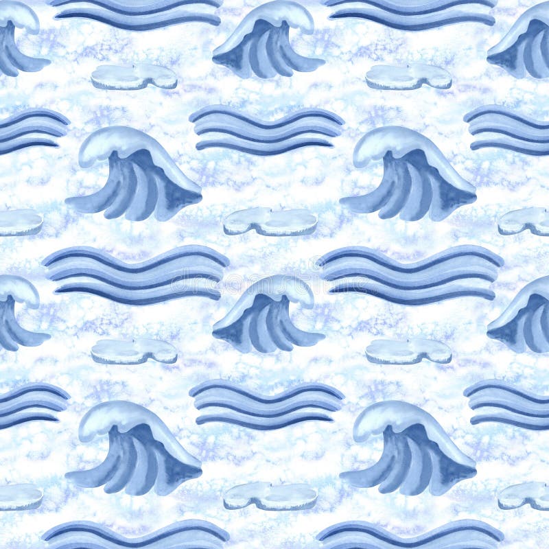 Valuri de mare albastră și flotoare de gheață model de acuarelă pentru modele arctice. Ilustrație realizată manual tsunami abstrac stock images