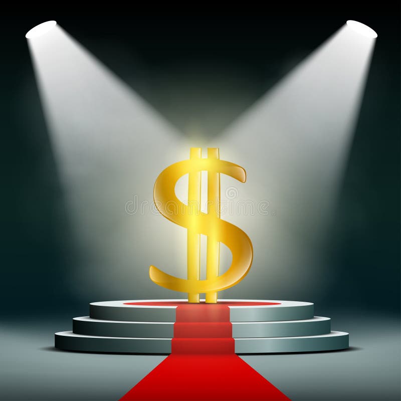 Currency dollar on a pedestal, illuminated by searchlights. Profit in business. Gold and foreign exchange reserve. Stock illustration. Currency dollar on a pedestal, illuminated by searchlights. Profit in business. Gold and foreign exchange reserve. Stock illustration.