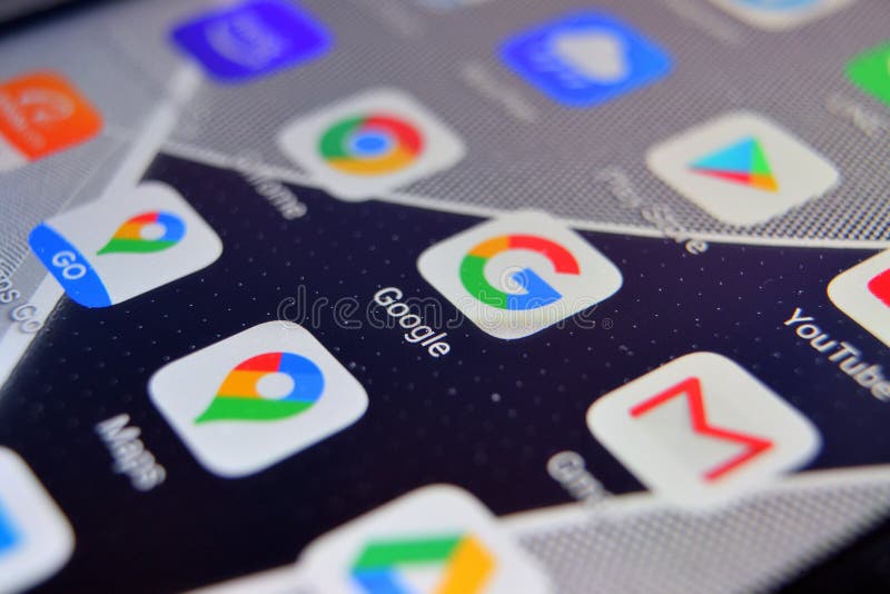 Close-up view of Google browser app on an Android smartphone, including other icons stock photo