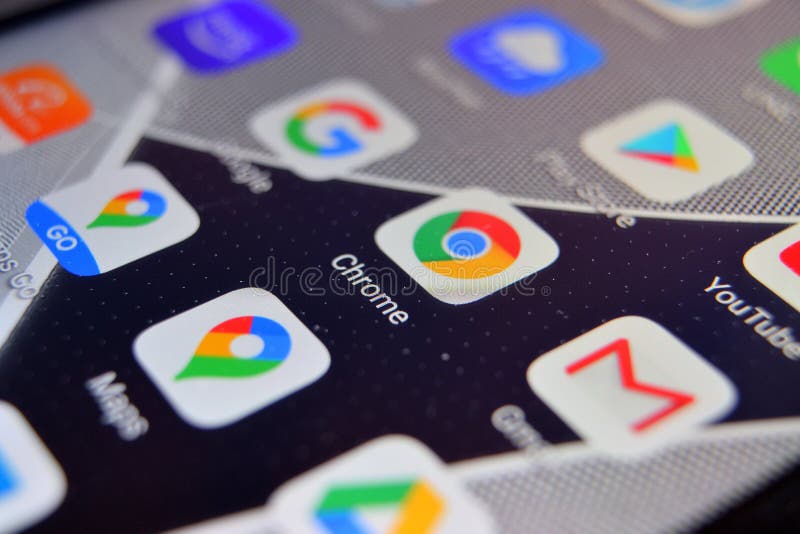 Close-up view of Google Chrome app on an Android smartphone, including other icons royalty free stock images