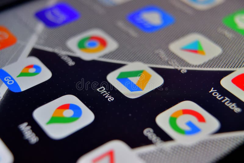 Close-up view of Google Drive app on an Android smartphone, including other icons stock photography
