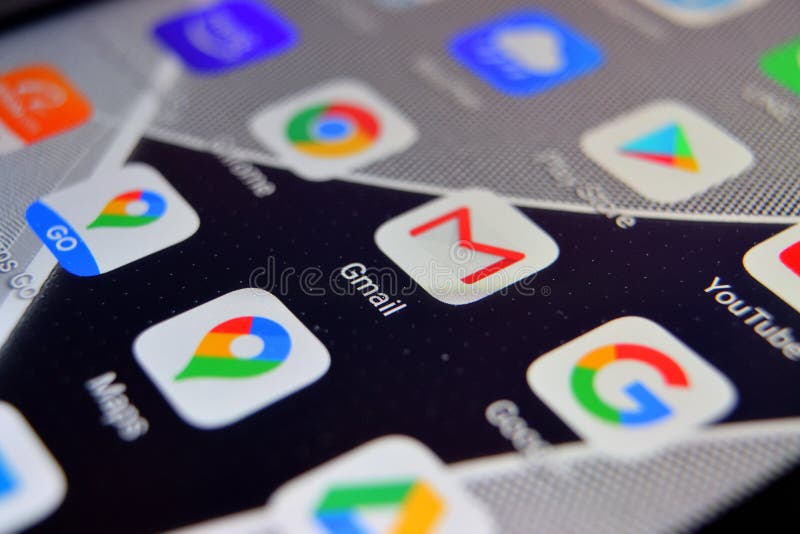 Close-up view of Google Gmail app on an Android smartphone, including other icons royalty free stock photo