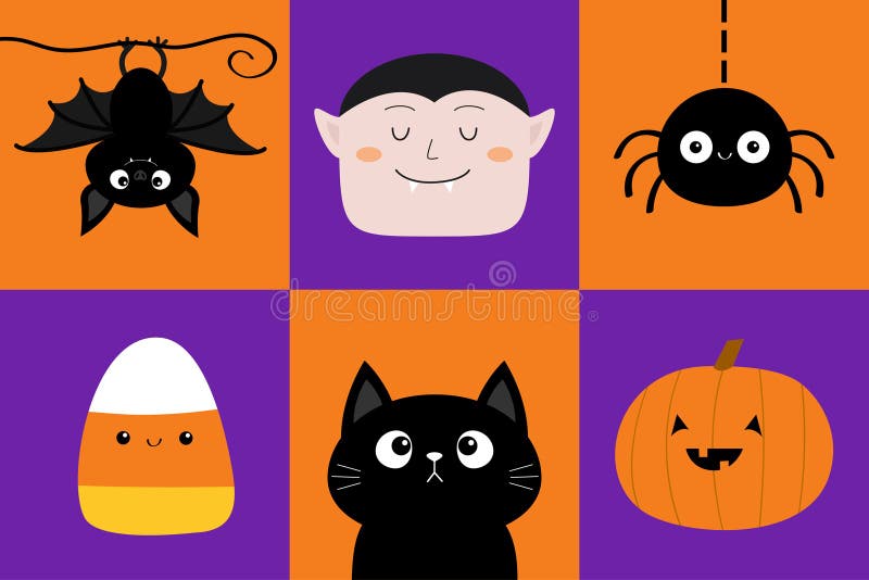 Vamparantal dracula. Svart batkattspindelnät. pumkin candy corn. glad halloween. Söt kawaii leende ansikte set. royaltyfri illustrationer