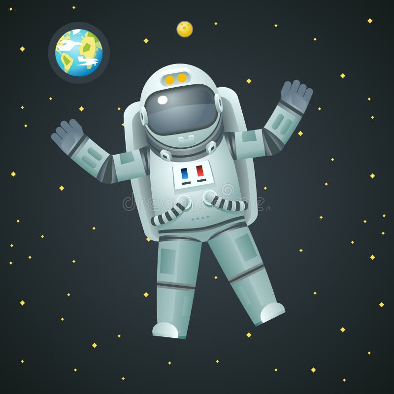 Cosmonaut Realistic Astronaut Spaceman Space Stars Earth Moon Background Icon Cartoon Design Template Vector Illustration. Cosmonaut Realistic Astronaut Spaceman Space Stars Earth Moon Background Icon Cartoon Design Template Vector Illustration