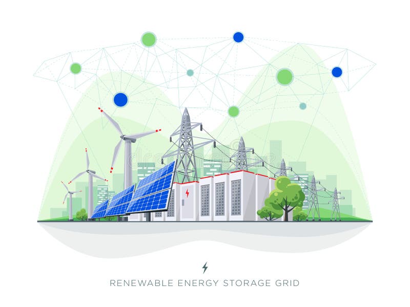 Van de de Batterijopslag van de vernieuwbare Zonne en Windenergie Slim het Netsysteem met Machtslijnen Van de de Batterijopslag van de vernieuwbare Zonne en Windenergie Slim het Netsysteem met Machtslijnen