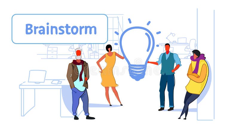 Van de de bedrijfs vergaderingsbrainstorming van de zakenluigroep het proces mensenteam die het nieuwe creatieve pictogram van de vector illustratie Van de de bedrijfs vergaderingsbrainstorming van de zakenluigroep het proces mensenteam die het nieuwe creatieve pictogram van de vector illustratie