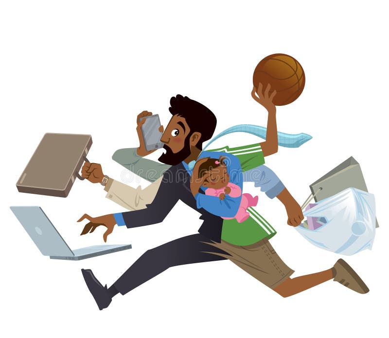 Van de beeldverhaal super bezige zwarte mens en vader multitasking in het werk