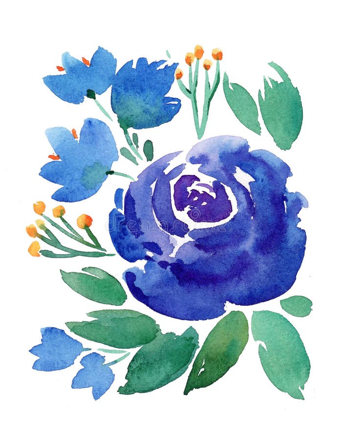 Van de bohowaterverf van de handtekening gaat de bloemenillustratie met blauwe bloemen, takken, weg vector illustratie Van de bohowaterverf van de handtekening gaat de bloemenillustratie met blauwe bloemen, takken, weg vector illustratie