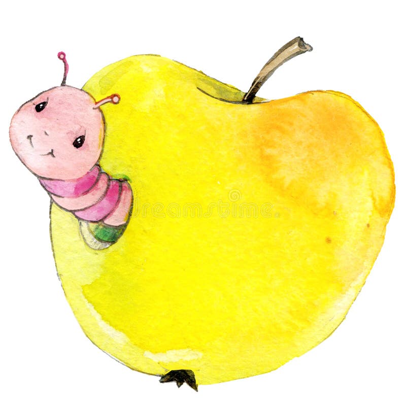 Cartoon insect apple worm watercolor illustration. on white background. Cartoon insect apple worm watercolor illustration. on white background.