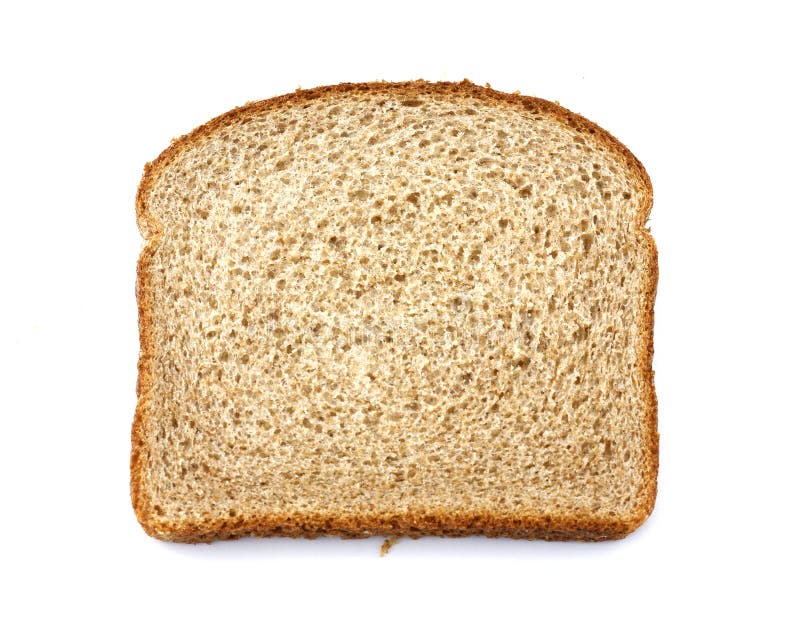 A single slice of very healthy stone ground whole wheat bread against a white background. A single slice of very healthy stone ground whole wheat bread against a white background.