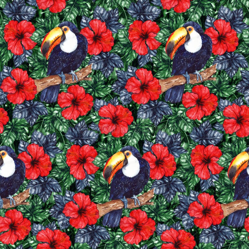 Van de de hibiscus dierlijke vogel van de waterverf exotische tropische bloem van het de toekan naadloze patroon de textuurachter royalty-vrije illustratie Van de de hibiscus dierlijke vogel van de waterverf exotische tropische bloem van het de toekan naadloze patroon de textuurachter royalty-vrije illustratie