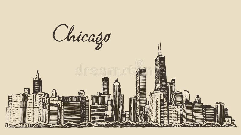 Van de de horizon grote stad van Chicago getrokken de gravurevector royalty-vrije illustratie Van de de horizon grote stad van Chicago getrokken de gravurevector royalty-vrije illustratie