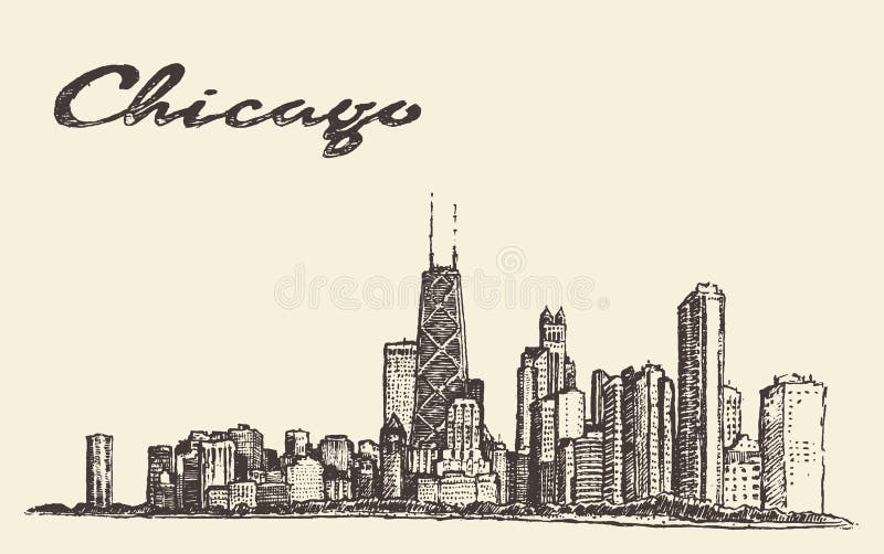Van de de horizonstad van Chicago getrokken de architectuurvector royalty-vrije illustratie Van de de horizonstad van Chicago getrokken de architectuurvector royalty-vrije illustratie