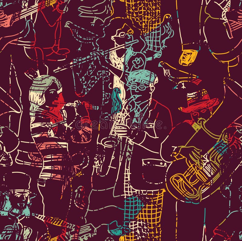 Van de de jazzband van de kleurenmuziek het naadloze patroon royalty-vrije illustratie Van de de jazzband van de kleurenmuziek het naadloze patroon royalty-vrije illustratie