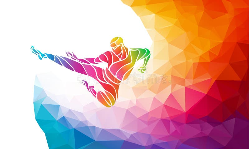 KARATE power kick. Martial arts silhouette. Detailed color rainbow vector illustration in polygonal geometric style. KARATE power kick. Martial arts silhouette. Detailed color rainbow vector illustration in polygonal geometric style