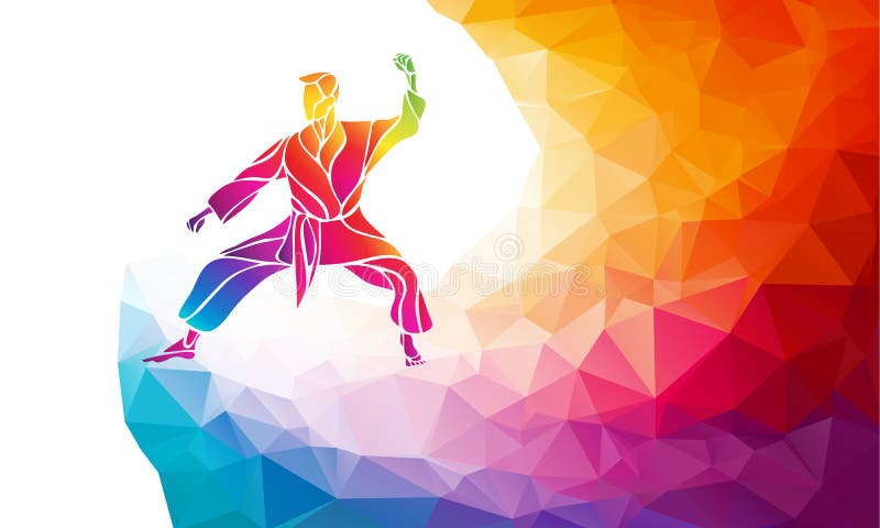 KARATE power kick. Martial arts silhouette. Detailed color rainbow vector illustration in polygonal geometric style. KARATE power kick. Martial arts silhouette. Detailed color rainbow vector illustration in polygonal geometric style