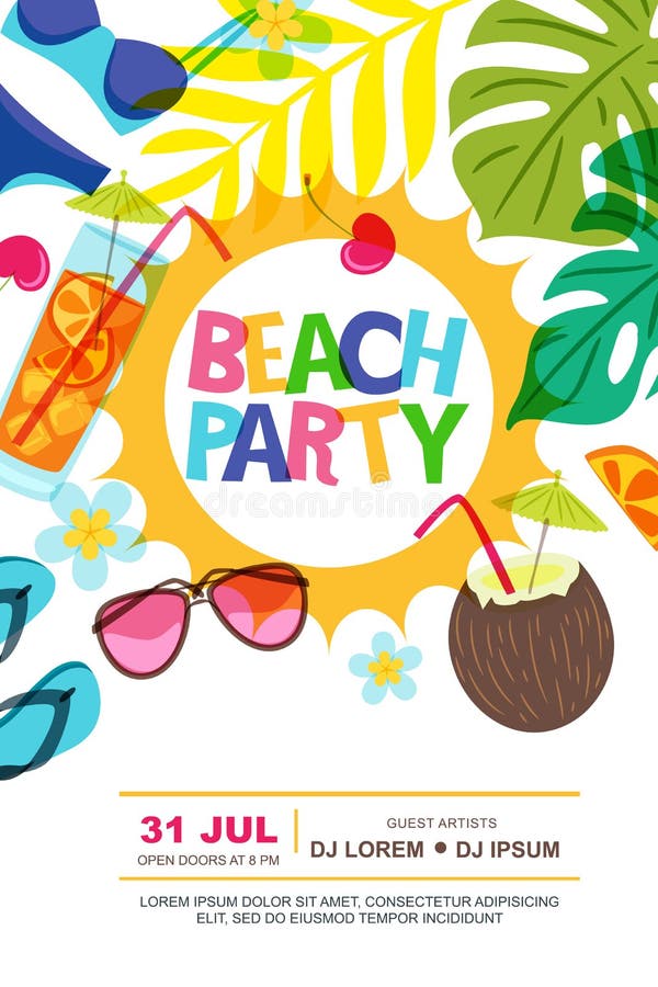 Van de de zomeraffiche van de strandpartij vector het ontwerpmalplaatje Zon, palmbladen en cocktailskrabbelillustratie vector illustratie Van de de zomeraffiche van de strandpartij vector het ontwerpmalplaatje Zon, palmbladen en cocktailskrabbelillustratie vector illustratie